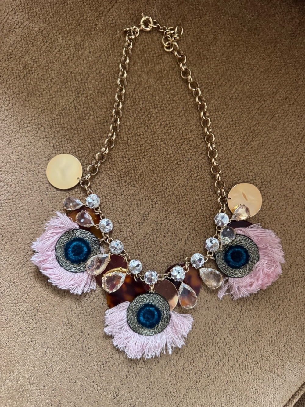 J.Crew Statement Fan Fringe Crystal Necklace Boho Glam Pink Gold
